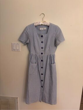 Vermont Country Store Blue & White Striped Button-Front Dress